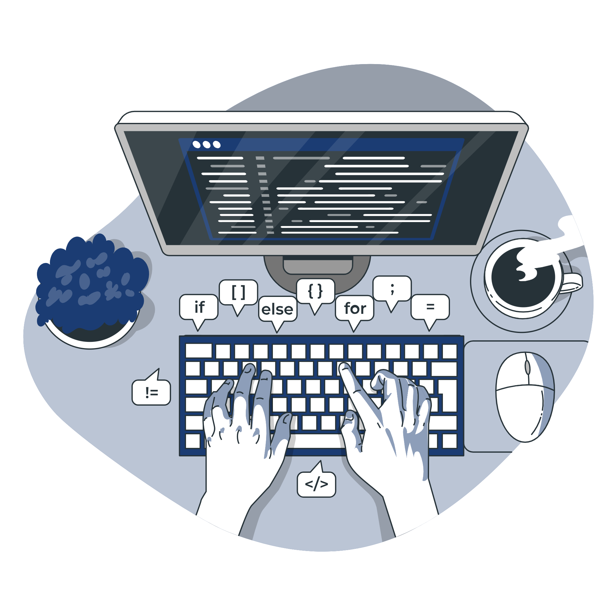 Monitor, laptop y logos de HTML, CSS, JavaScript y React.